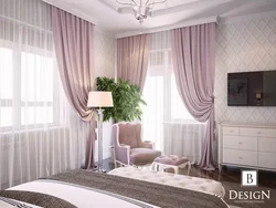 Розовые шторы в сером интерьере гостиной