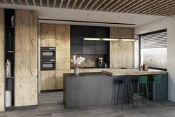 Кухня под бетон с деревянной столешницей в интерьере