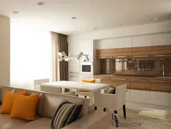 White kitchen living room interior with wood