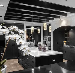 Black kitchen living room photo