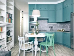 Kitchen design with turquoise chairs