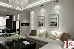 Дизайн гостиной с белой кирпичной стеной