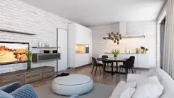 Дизайн гостиной с белым кирпичом