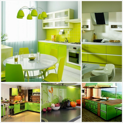 Дизайн кухни зеленый стол