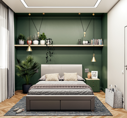 Серо зеленый интерьер спальни