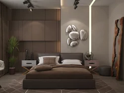 Combination of gray and brown in the bedroom interior photo in the interior