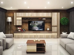Дизайн стенки в гостиной в современном стиле с телевизором фото