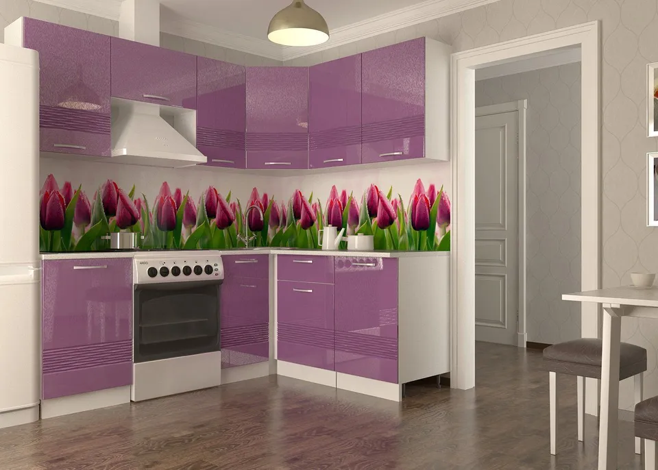 Кухня фартук тюльпаны на фиолетовую кухню