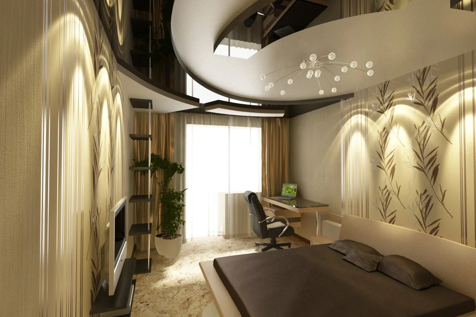 Дизайн потолка в спальне натяжные