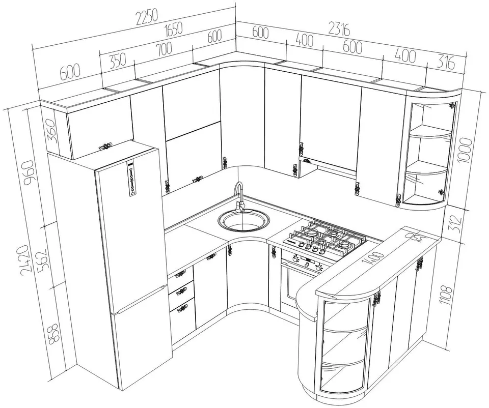 Угловая кухня планировка с размерами