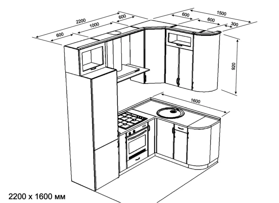 Угловая кухня чертеж с размерами