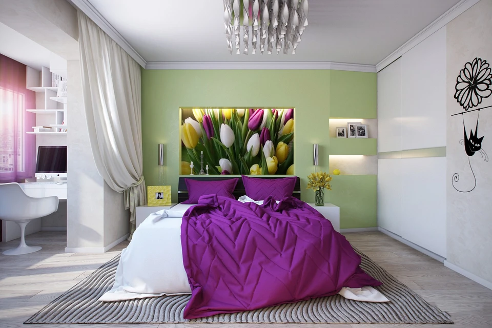 Сиреневый цвет в интерьере спальни