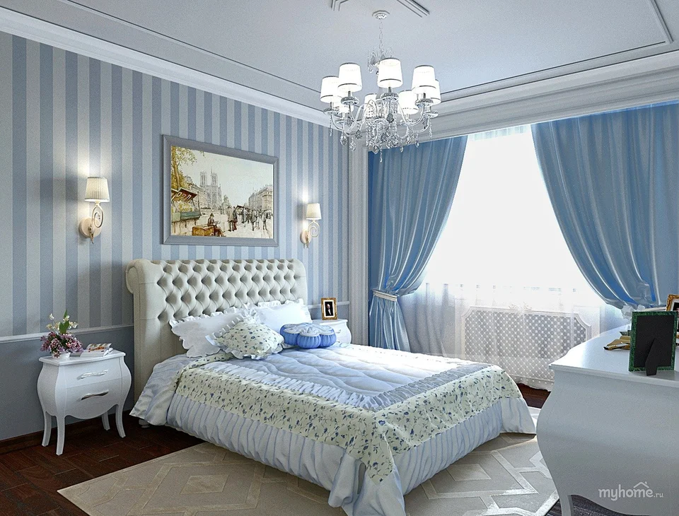 Спальня в бело голубых тонах