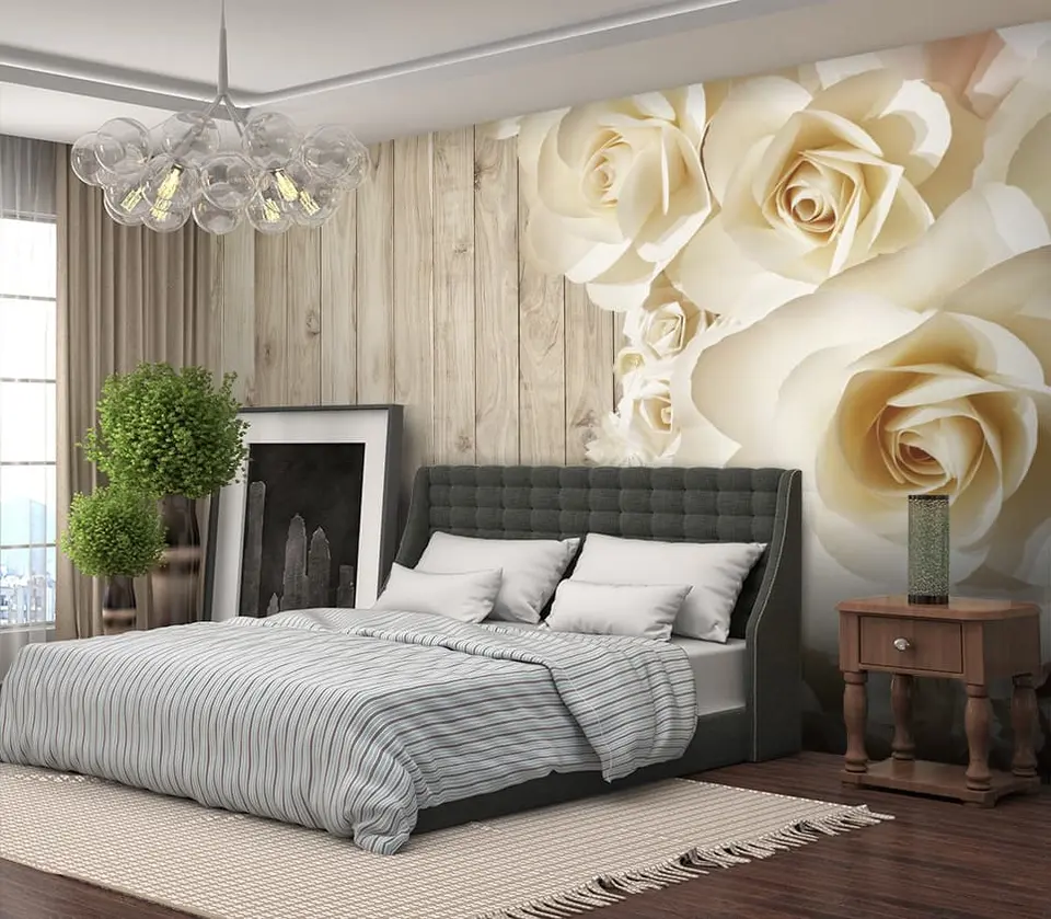 Фотообои белые розы в интерьере спальни