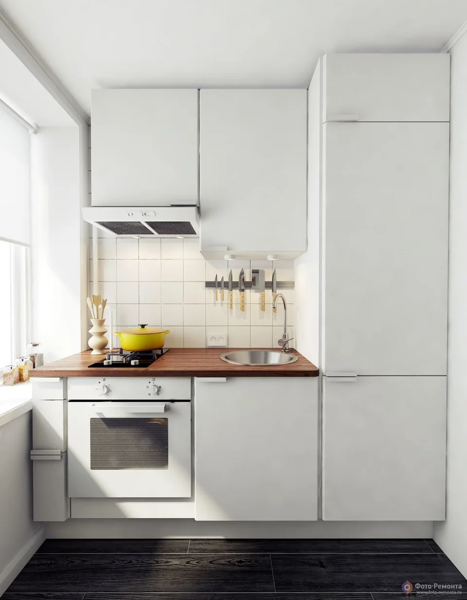 Узкая кухня в скандинавском стиле с холодильником
