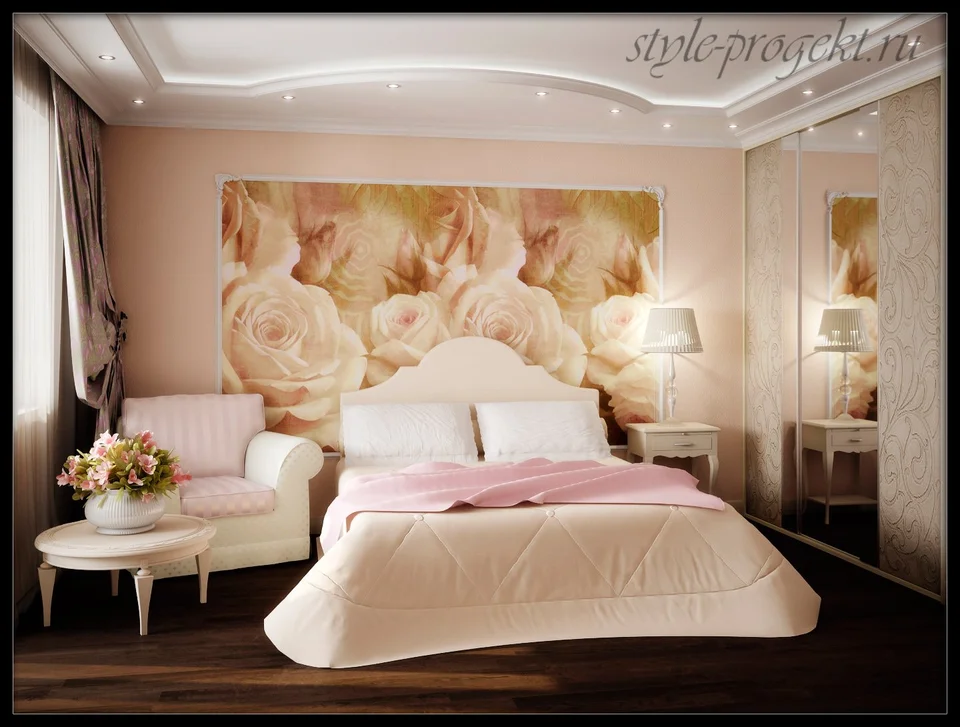 Спальня в розово бежевых тонах в современном стиле