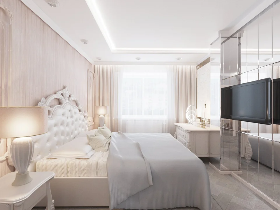 Современный дизайн спальни в светлых тонах