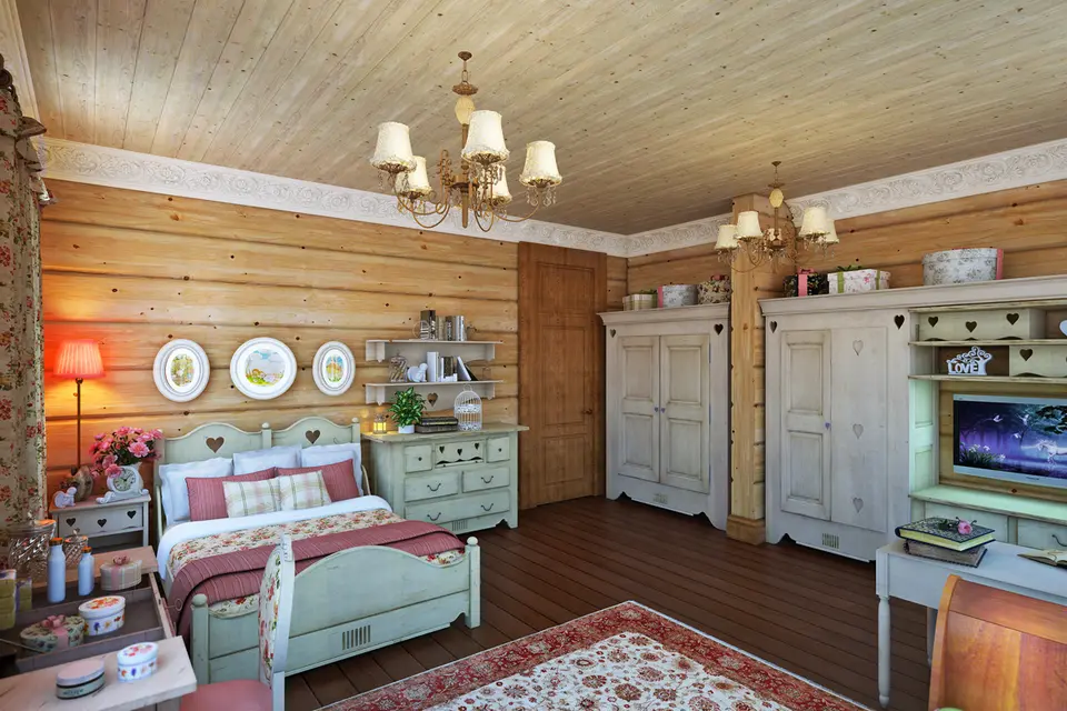 Интерьер спальни в бревенчатом доме в стиле прованс