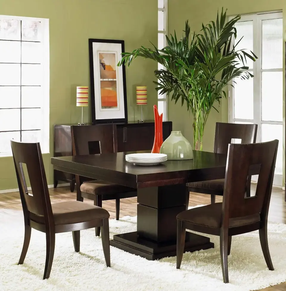 Дизайн столовой сервант и столы цвет олива