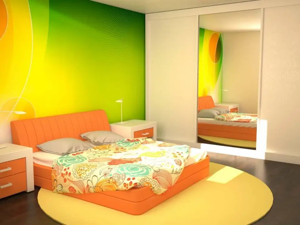 Спальня в зелено оранжевых тонах