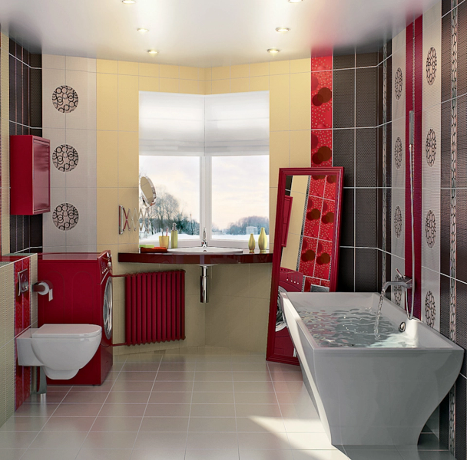 Интерьер ванной комнаты красно белая