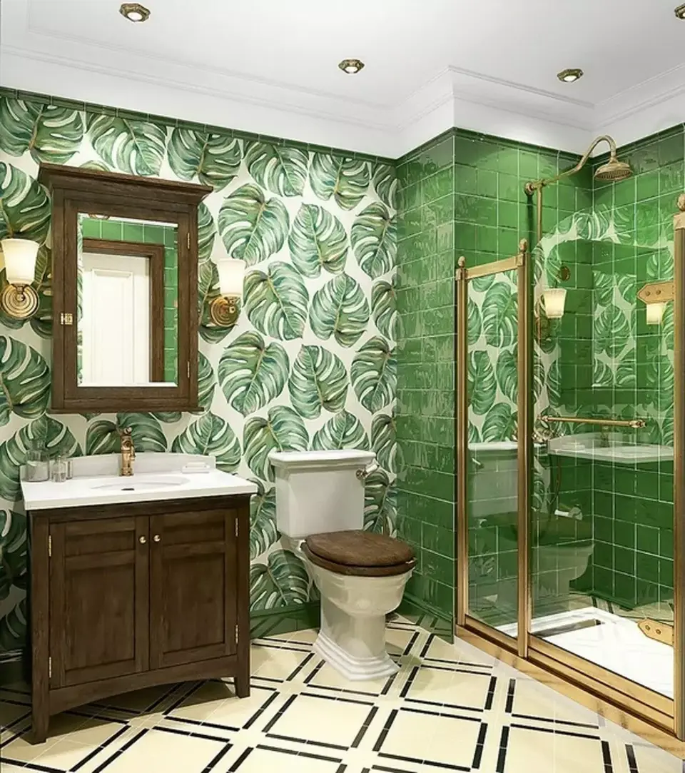 Зелено золотая ванная комната