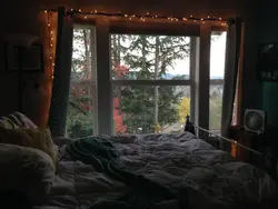 Photo of a bedroom at night with a window