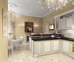 Kitchen with gold wallpaper photo