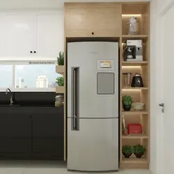 Холодильник в коробе на кухне фото