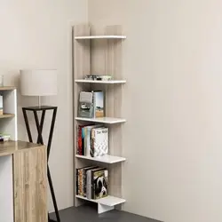 Corner floor shelf in the living room photo