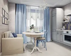 Gray kitchen with blue chairs photo