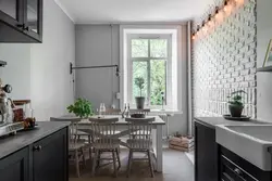 Gray wallpaper in a small kitchen photo