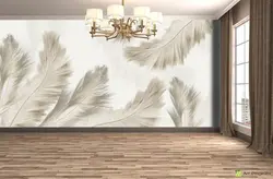 Обои с перьями в интерьере гостиной фото