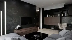 Телевизор на черной стене в гостиной фото