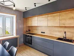 Cream kitchen with wooden countertop and apron photo