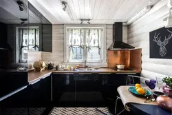 Corner kitchens in a wooden house with a window photo