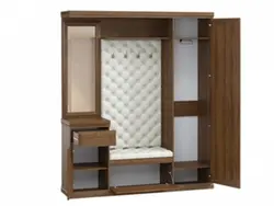 Wardrobe in the hallway with a mirror and a shoe rack, a hanger and a seat photo