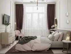Пудравыя шторы ў інтэр'еры спальні