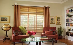 Wooden blinds in the living room interior