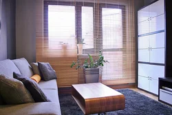 Wooden blinds in the living room interior