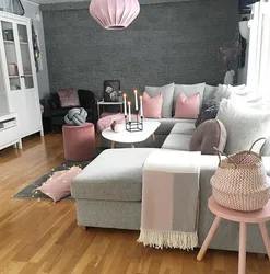 Pink sofa in the kitchen interior