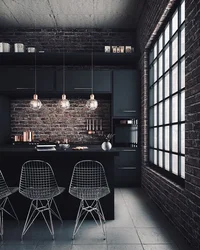 Черная кухня в интерьере лофт