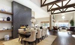 Interior of living room dining room with fireplace