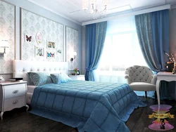 Bedroom interior with blue bedspread