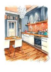 Kitchen interior drawing in color