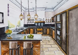 Kitchen interior drawing in color
