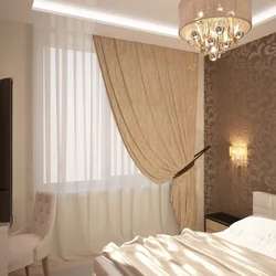 Coffee curtains in the bedroom interior