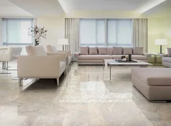 Beige porcelain tiles in the living room interior