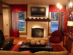 Интерьер гостиной с красным камином