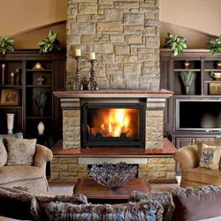 Living room interior with red fireplace